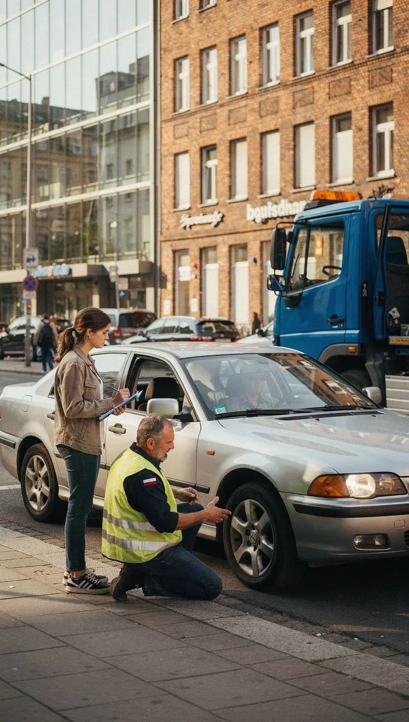 Illustration eines Ablaufs zur Schadensmeldung und schnellen Hilfe nach einem Verkehrsunfall in Deutschland.